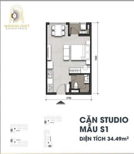  Căn hộ Studio Moonlight Centre Point hướng ban công tây nam không có nội thất diện tích 34.49m²