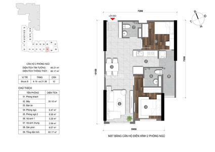 Căn hộ Opal Skyline hướng ban công tây nam nội thất cơ bản diện tích 65.21m².
