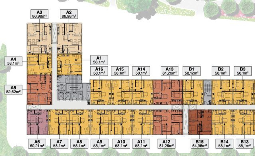  Căn hộ 9 View Apartment hướng ban công đông nam không có nội thất diện tích 58.1m²