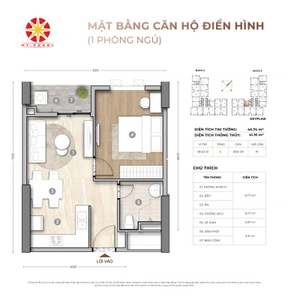  Căn hộ HT Pearl hướng ban công tây bắc không có nội thất diện tích 45.74m²