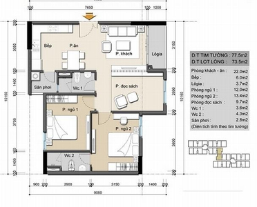 lay out căn hộ High Intela Căn hộ High Intela tầng 12 diện tích 77.5m2, nội thất cơ bản.