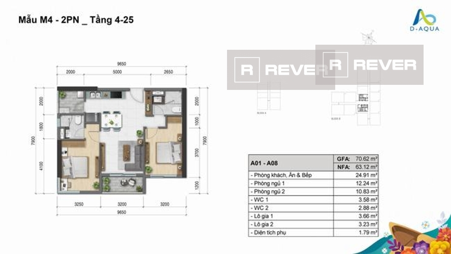  Căn hộ D-Aqua hướng ban công nam nội thất cơ bản diện tích 70.62m²