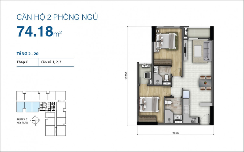  Căn hộ góc Botanica Premier có 2 phòng ngủ, nội thất cơ bản.