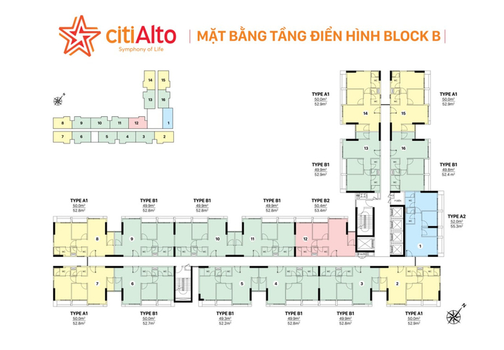 Mặt bằng Căn hộ CitiAlto, Quận 2 Căn hộ CitiAlto hướng ban công đông nam không có nội thất diện tích 50m²