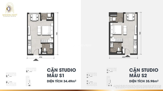 Căn hộ Studio Moonlight Centre Point hướng ban công tây nam nội thất cơ bản diện tích 34.49m²
