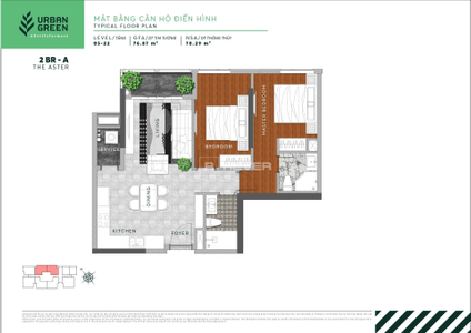  Căn hộ Urban Green hướng ban công đông bắc không có nội thất diện tích 76.87m².