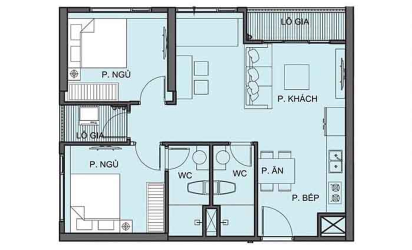 Căn hộ Vinhomes Grand Park hướng ban công tây bắc không có nội thất diện tích 69.2m².
