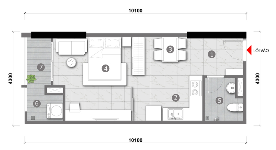 layout căn hộ Opal Skyline Căn hộ Opal Skyline hướng ban công tây không có nội thất diện tích 40m²