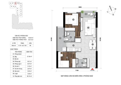  Căn hộ Opal Skyline hướng ban công đông bắc nội thất cơ bản diện tích 65.09m².
