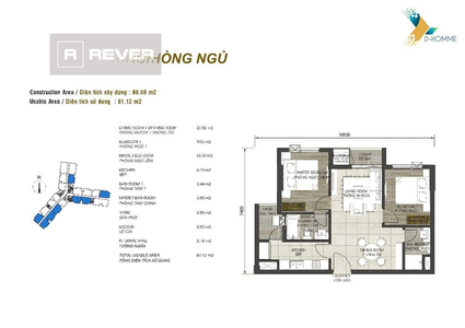  Căn hộ D-Homme không có nội thất diện tích 69.59m².