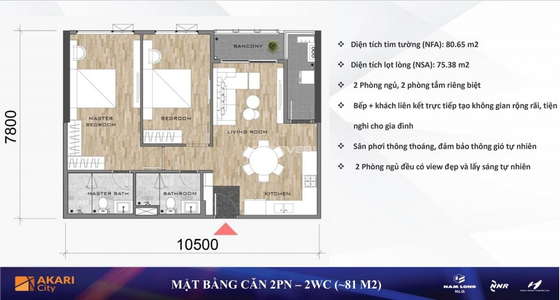  Căn hộ Mizuki Park hướng ban công tây nam nội thất cơ bản diện tích 80m².