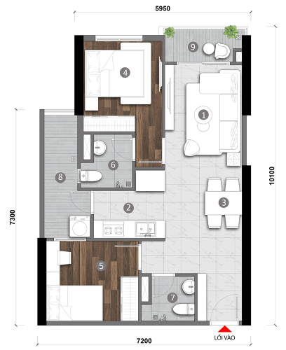 Layout căn hộ Opal Skyline Căn hộ Opal Skyline tầng 16 diện tíc 65.11m2, ban công hướng Đông Bắc.