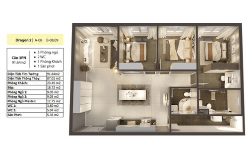 Căn hộ Topaz Elite diện tích 92m2 có 3 phòng ngủ, không nội thất.