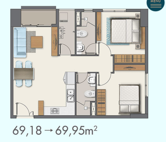 Layout Căn hộ Q7 Boulevard, Quận 7 Căn hộ Q7 Boulevard tầng 20 thiết kế hiện đại, nội thất cơ bản.