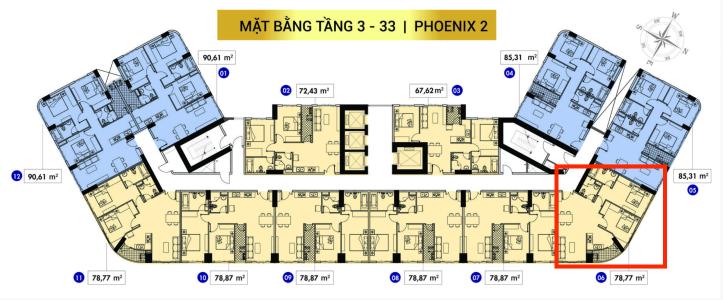 Mặt bằng tầng căn hộ Topaz Elite Căn hộ Topaz Elite tháp Phoenix 2, view thành phố, 2 phòng ngủ.