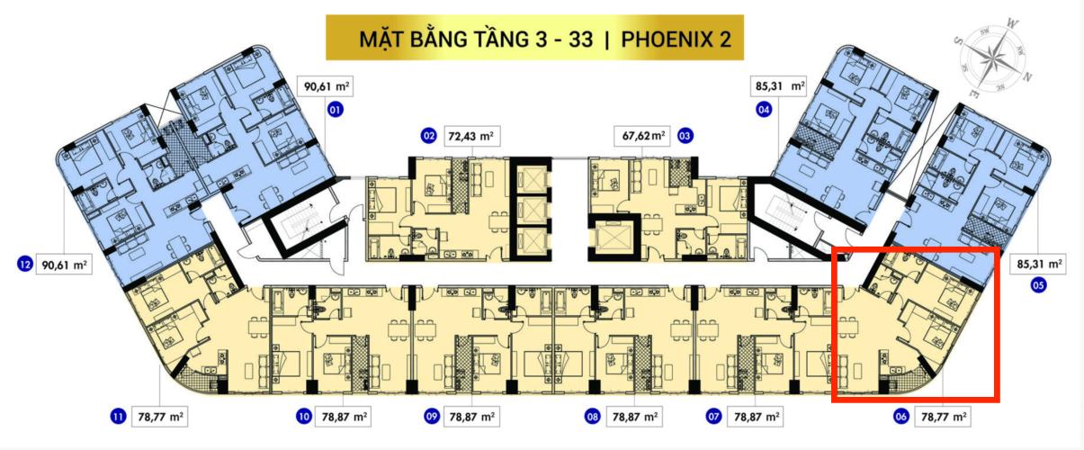 Mặt bằng tầng căn hộ Topaz Elite Căn hộ Topaz Elite tháp Phoenix 2, view thành phố, 2 phòng ngủ.