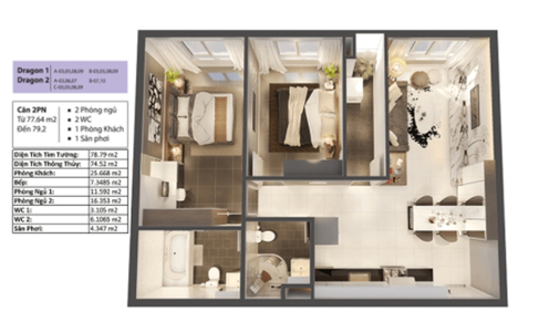 Layout căn hộ Topaz Elite, Quận 8 Căn hộ cao cấp Topaz Elite diện tích 79m2, không có nội thất.